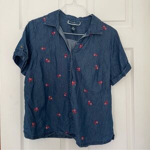 Blue Button-Up Shirt with Red Embroidery